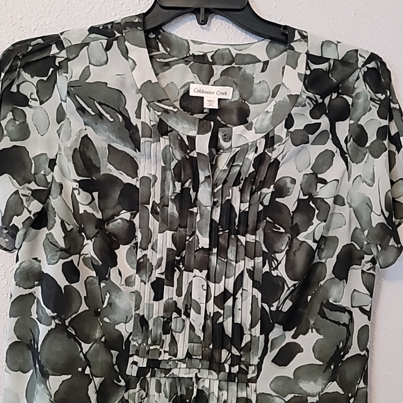 Coldwater Creek Olive Green Leaf Design Sheer Blouse ~Lined Sz Med 100% Poly - Picture 3 of 6